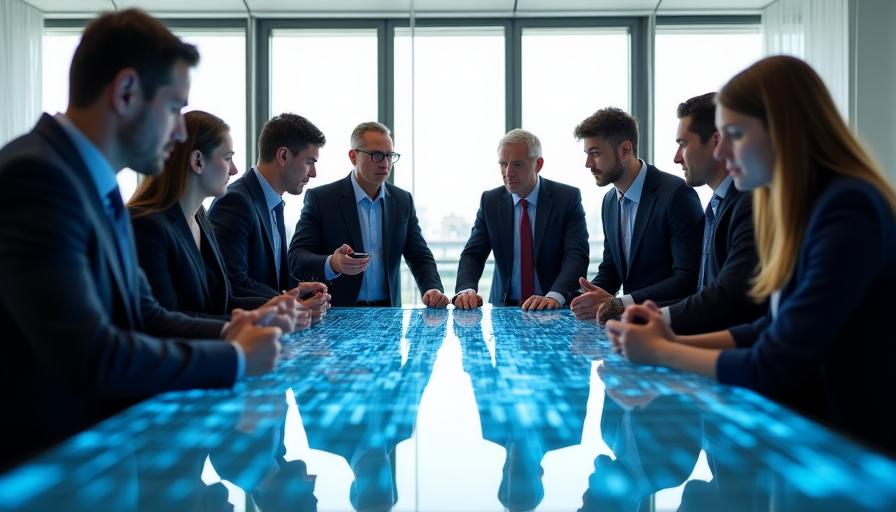 Corporate leaders discussing AI strategy and ethical implementation