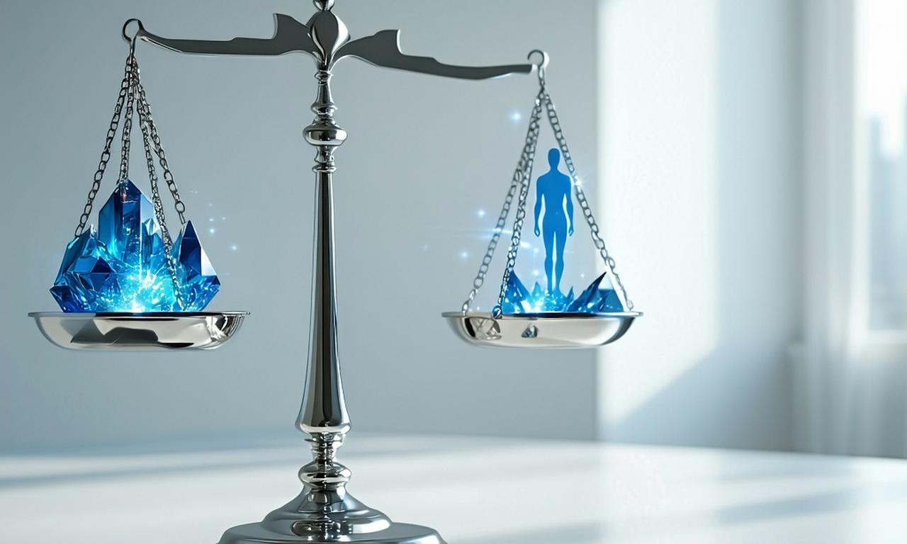 A balanced scale with a computer chip on one side and a human icon on the other