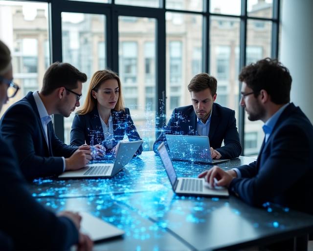 Team of professionals collaborating on AI data visualization in a modern London office